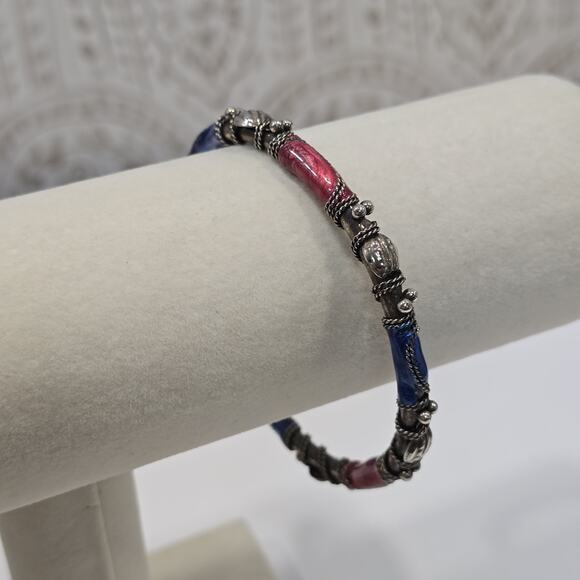 Vintage Boho Ornate Pink Blue Enamel Silver Wire Wrapped Bangle Bracelet - Picture 14 of 14